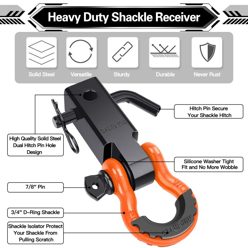AUTOBOTS Shackle Hitch Receiver 2", 45,000 Lbs Break Strength Heavy Duty Receiver with 5/8" Screw Pin, 3/4" D Ring Shackles, Towing Accessories for Vehicle Recovery Off-Road, Orange&Black - Image 2